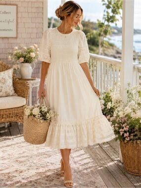 Othilia Ivory Cotton Lace Puff Sleeve Prairie Midi Dress Size‎ 4 Cottagecore